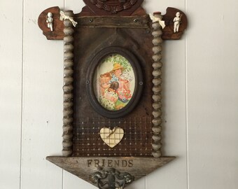 Upcycled wall art assemblage altered vintage wood "Friends" wall decor OOAK