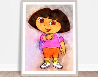 Dora the Explorer Print, Dora Wall Hanging, Watercolor Effect, Birthday Party Print, Nursery Decor, Kids Art, Baby Poster PRINTABLE DOWNLOAD