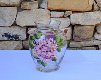 Hand Painted Glass Vase with Pink Hydrangea