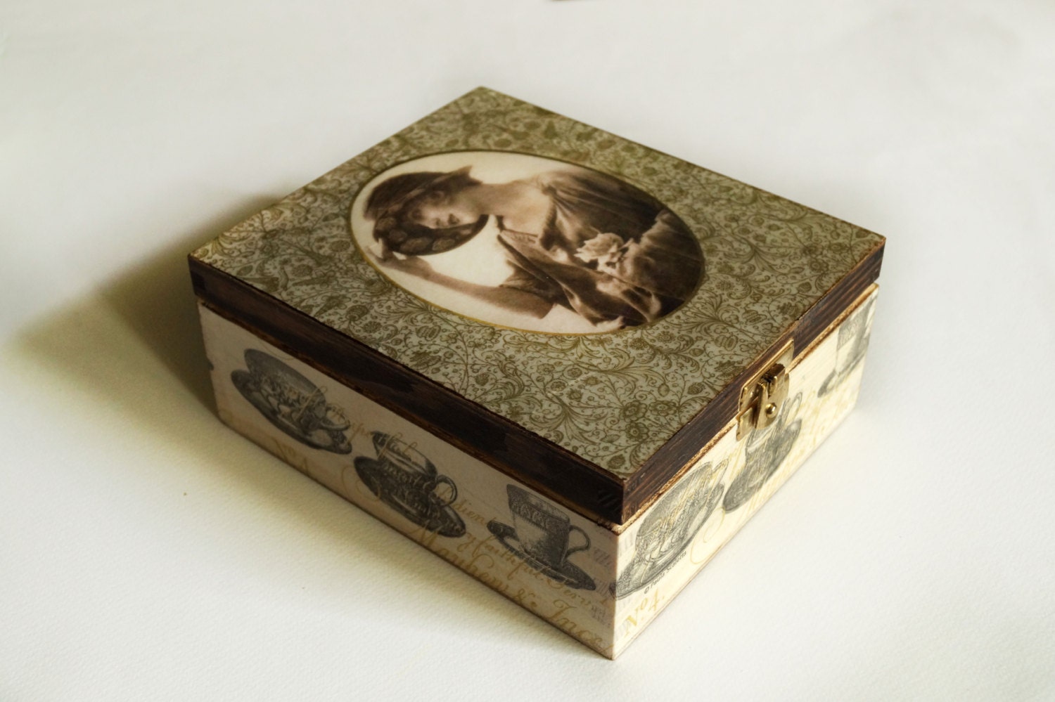 Wooden tea box decoupage tea box vintage style tea party tea