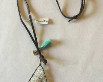 Leather tree crystal quartz necklace