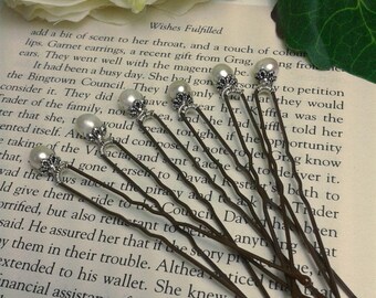 Six Freshwater Pearl Wedding Hairpins with Vintage Style Floral Mounts