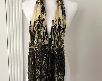 Vintage Accessories, Silk Rayon Cut Velvet Scarf, Black Tan Oblong Scarf, Long Scarf, Silk Scarf, Fringe Scarf, Vintage Scarf, Rayon Scarf