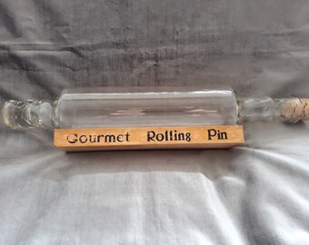 Vintage glass rolling pin on Gourmet Rolling Pin wooden stand, retro