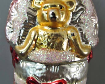 Glass 639 Ornament Bear in Crib Inge Glas W Germany 4" Vintage 1980's Old World