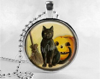 BLACK CAT Necklace, Vintage Halloween, Black Cat, Cat Pendant, Cat Jewelry, Cat Charm, Glass Photo Art Necklace Pendant, Black Cat Jewelry