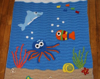 Crocheted Under the Sea Blanket/ Under the Sea/ Crocheted Blanket/ Childs Blanket/ Baby Blanket/ Under the Sea/ Sea creatures/