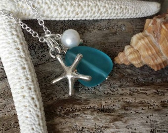 Handmade in Hawaii, Pacific blue blue sea glass necklace, Sea star charm, Natural pearl, 925 sterling silver chain, Free gift wrap