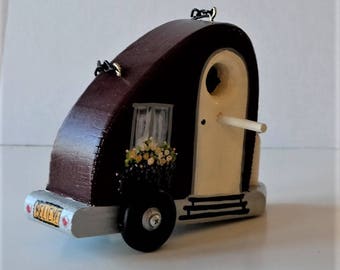 Maroon and IvoryTear Drop Trailer Birdhouse , Decorative , Colorful , Whimsical