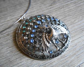 Necklace Silver Blue Green large Peacock pendant