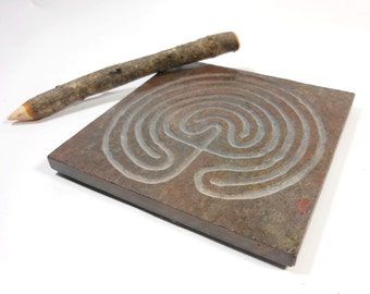 LABYRINTH STONE - Carved Troy Outline (2 paths) - Finger Maze Meditation Tile - Carved Slate - Moon Mazy