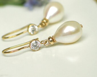 Ivory Teardrop Pearl Earrings | Freshwater Pearl | CZ 14k Gold Filled Dangles | June Birthstone | Bridal | Mother's Day Gift | Ready to Ship