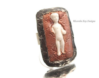 Frozen Charlotte Ring Fine Silver Plated Bold Look Tiny Charlotte Doll Ring
