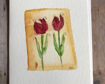 Watercolor Tulip Flower Card, Hand Painted Tulip Card, Original Card, Homemade Card, Hand Painted Greeting Cards
