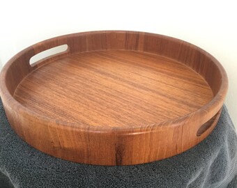 Vintage Mid Century Teak Serving Tray Round MCM