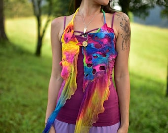 Nuno Felted Top-Rainbow Halter Top-Silk Top-Rainbow Felt Costume-Rainbow Fairy Top-Fairy Costume-Rainbow Costume-Woodland Costume OOAK