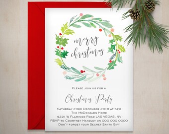 Wreath Christmas Invitation, Printable Christmas Template, Instant Download Editable PDF WLP490