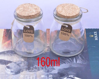2 glass jars, small glass bottles, bottles, small glass bottles with corks, glass bottle with cork, bulk glass bottles, cork bottles 160ml