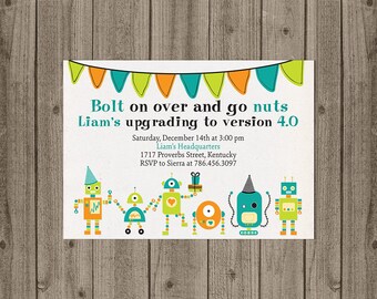 Robot Invitation, Robot Birthday Invite- 5x7 JPG DIGITAL FILE