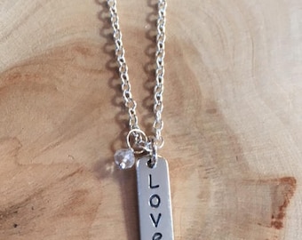 April Necklace, Crystal Necklace, Handstamped Necklace, Personalized Necklace, Sterling Silver Necklace, Gemstone Necklace, Bar Necklace