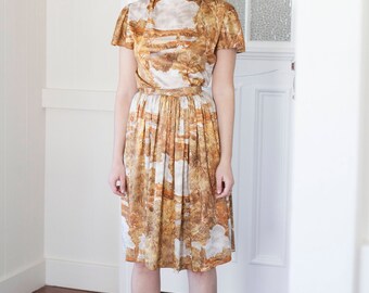 50s Style Vintage Silk Dress with Woodland Print