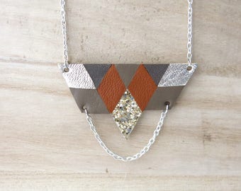 Necklace, Geometric, Leather, Diamond, Camel, Taupe, Gold