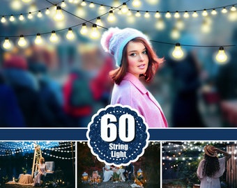 60 String light photo overlays, Fairy Light clipart, Christmas New Year lights, digital backdrop, glowing lights, bokeh, Photoshop overlays