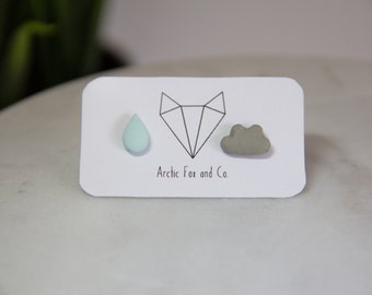 Raindrop and Cloud Stud Earrings - Handmade Polymer Clay