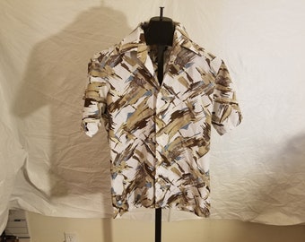 Vintage 1970's Size Medium Sears Kings Road Perma Prest Geometric Strokes Brown Blue And White Button Down Short Sleeve Shirt Sears Best EUC
