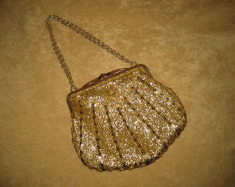 Gold Lame Beaded Purse Small 50s 60s Vintage