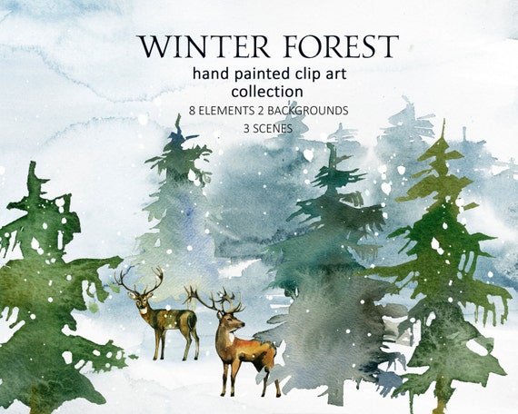 Pine Trees Deer Watercolor Clipart Fir Trees PNG Christmas