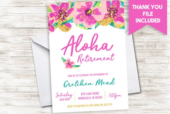 aloha retirement invitation party invite purple gold glitter luau printable invitations