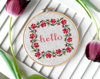 Hello embroidery hoop art embroidery art hello wall art gift Floral wall art decor Flower wall art Cross stitch hoop Hand Embroidery design