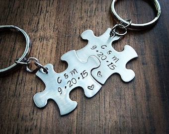 Hand Stamped Personalized Couple Puzzle Piece Keychains - Anniversary Gift - Boyfriend Keychain - Boyfriend Gift - Husband Gift