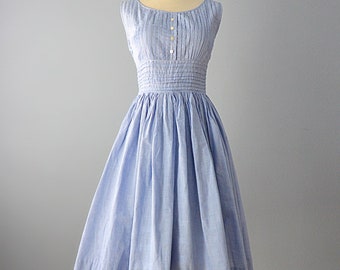1950s Day Dress...Sweet Vintage Tiny Blue and White Check Day Dress 27 Inch Waist