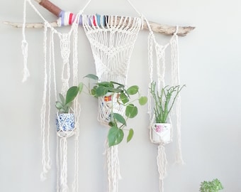 3 Plant Macrame Hanging Planter- Rustic Wall Accent- Bohemian Decor- Room Decor~ Modern Macrame- White Wall Accent- BohoChic Home Decor