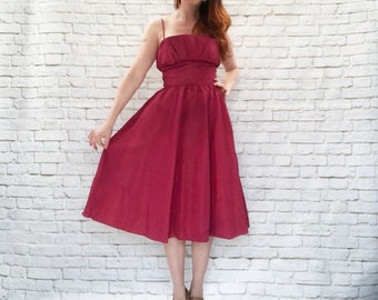 Vintage 80s Does 50s Gunne Sax Ruby Taffeta Ruffled Shelf Bust Midi Dress S M