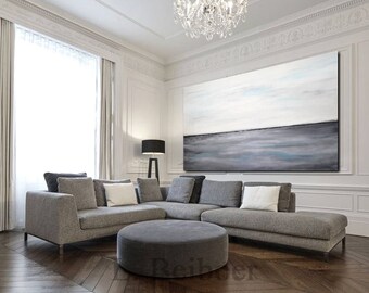 Large original abstract landscape painting panoramic art seascape gray blue white modern oil painting home decor fine art by L.Beiboer