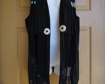 Vintage 1980s fringe black suede leather vest with feathers medium large 80s