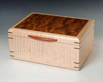 Handcrafted Jewelry Box Made of Tiger Maple and Quilted Sapele