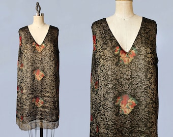 AMAZING 1920s Dress / 20s Gold Lamé Embroidered Deco Flapper Dress / Floral Chiffon CUTOUTS / Gold Lace Trim
