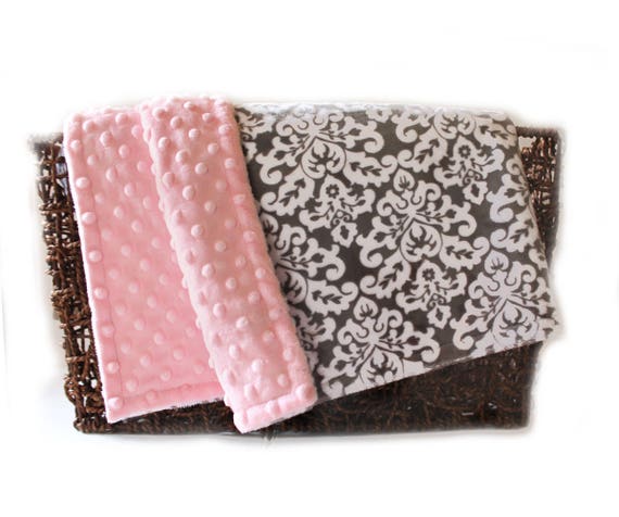 Personalized Baby Blanket, Minky Baby Blanket, Damask White Pink Gray Girl, Baby Girl Blanket, Name Baby Blanket, Gray Damask Blanket, Kids