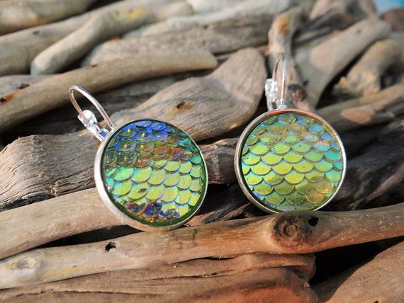 Green Mermaid Tail Little Scale Scales Dragon Dragons Iridescent Earring Earrings Silver Tone Siren Mermaids Earring Ear Ring Rings
