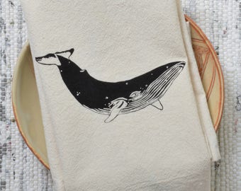 Whale Cloth Napkins - Set of 4 - Organic Cotton - Black - Unpaper Towels - Washable - Reusable - Humpback Whale - Cotton Napkin Set