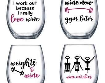 Set of 4 Stemless Wine Glasses with funny/cute fitness sayings - fitness themed wine glasses