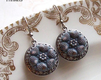 Vintage Glass Button Earrings, Gray, Flower, Silver Ox