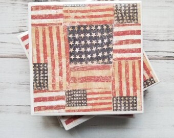 American Flag Coasters, Ceramic Coasters, Coaster Set, Tile Coasters, Patriotic Decor, Rustic Decor, 4th Of July Decor, Gift For Women