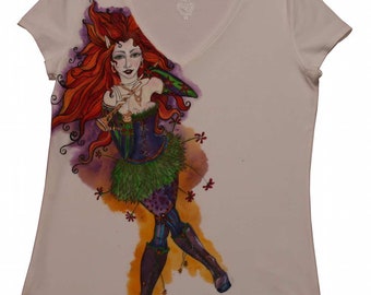 00ak, hand painted, wearable, fantasy, red haired fairy with flute.short sleeve,extra-large, v-neck tee-shirt