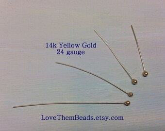 14K yellow gold ball head pins 24 gauge large head ball end tip beading pins headpins length made to order real solid 14k gold findings