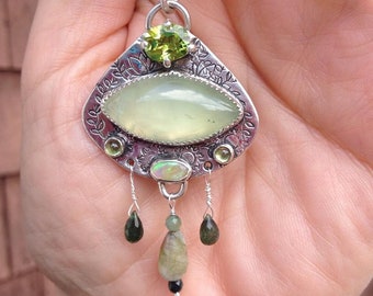 Faceted Peridot, Prehnite, Opal, Tourmaline and Green Ruby Sterling Silver Necklace